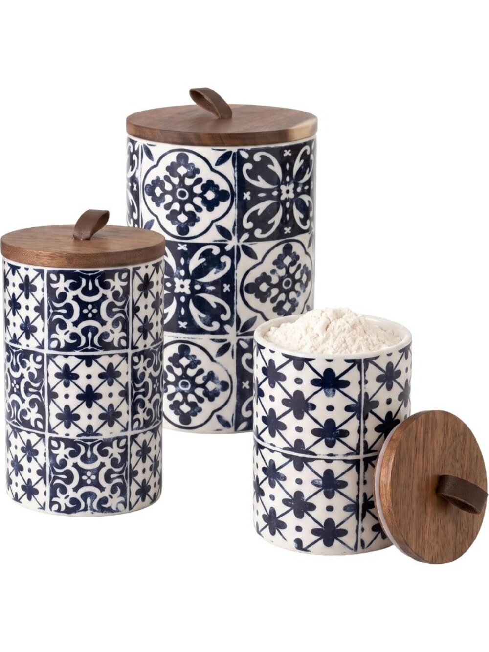 Ceramic Kitchen Canister Set with Lids, Medallion Design, Blue, 3-Piece Set